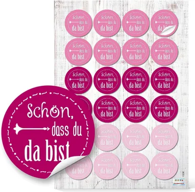 Produktbild von 24 runde Aufkleber pink rosa rose SCHÖN DASS DU DA BIST 4 cm Sticker Etiketten für Hochzeit Taufe Kommunion Geburtstag Gastgeschenke give-away Deko Mitgebsel Feste Geschenke Verpackung48 Aufkleber / 2 Bögen