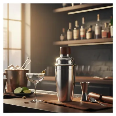 Produktbild von Cocktail-Shaker aus Holz und Silber, 8,5 x 8,5 x 24 cm