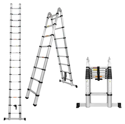 Immagine prodotto di Scala telescopica da 3,8 metri - 2-in-1: scala pieghevole e scala a cavalletto - Alluminio - Portata massima: 150 kg - Con traversa -  EN131 - Adatta per uso domestico, soffitte, camper