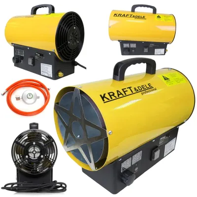 A collage of a yellow gas heater and its accessories, presented on a white background.