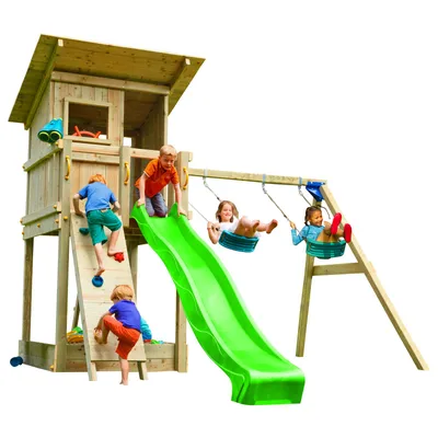 Produktbild von Spielturmking Spielturm BEACH HUT mit Rutsche + Doppelschaukel + Kletterwand - Grün 1,50 m DH194