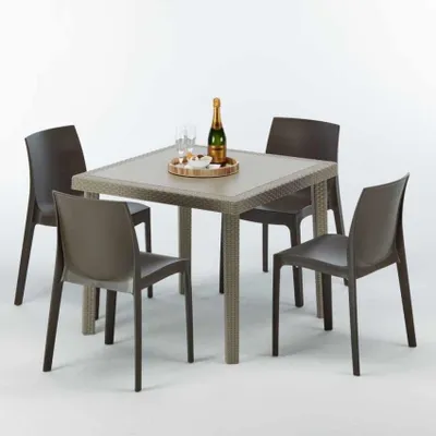 Produktbild von Polyrattan Tisch Quadratisch mit 4 Bunten Stühlen 90x90 Beige Elegance