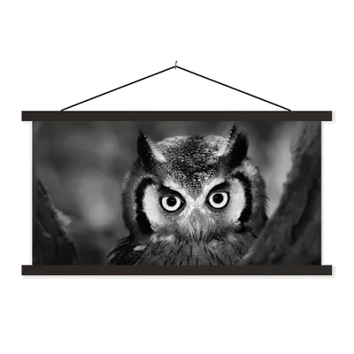 Produktbild von MuchoWow® Textilposter Vogel - Eule - Porträt - Schwarz - Weiß 60x30 cm mit schwarzem Rahmen - Textilien