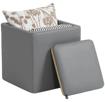 Image de Pouf avec rangement - Rembourré - Avec couvercle - Similicuir - 40 x 40 x 40 cm - Gris