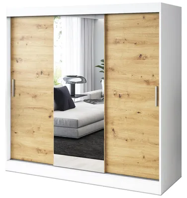 Zdjęcie produktu dla Szafa przesuwna - 200x200cm - Biały Mat /Dąb Artisan - Szafa przesuwna HUGO -3-drzwiowa z 4 drążkami