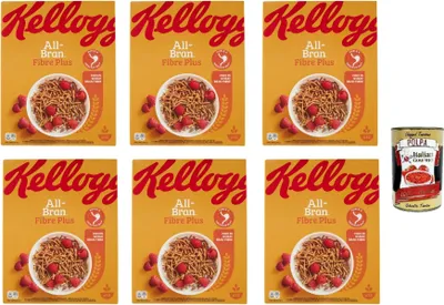Produktbild von 6x Kellogg's All-Bran Fibre Plus gemischtes Cereals, Volle Weizenfaser 500g Getreide Müsli reich an Ballaststoffen + Italian Gourmet polpa 400g