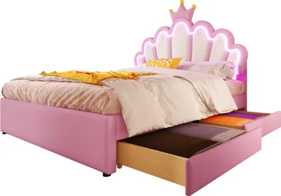 Produktbild von Prinzessinbett mit LED-Beleuchtung und Schubladen, 140x200cm, höhenverstellbarer Kopfteil, Mädchenbett, Polsterbett für Mädchen, Doppelbett
