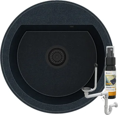 Immagine prodotto di Granitan | Lavello in granito - Lavello da cucina - Lavello - 49x49x18 cm - Lavello da incasso rotondo - Nero - Sifone - ARNO