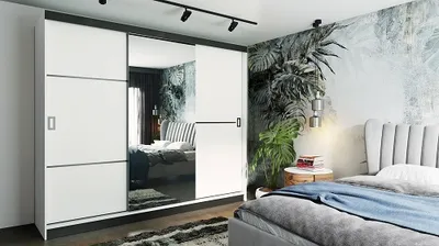 Produktbild von FurMeb24 Schiebetrenschrank RETRO 2 -200x205cm Kleiderschrank mit Spiegel, 3-triger Schiebeschrank (Weiss / Weiss + Spiegel und Beschl€ge)
