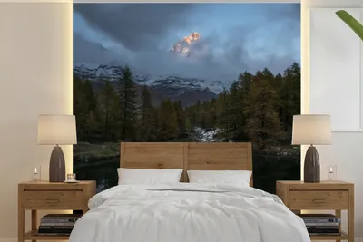 Produktbild von MuchoWow® Fototapete für Wohnzimmer oder Schlafzimmer Wandtapete Vinyl Motivtapete Matterhorn im Nebel in der Schweiz - 280x280 cm - Hintergrundbild