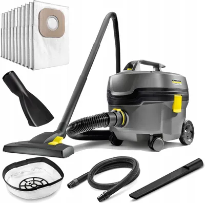 A collection of vacuum cleaner accessories and the vacuum cleaner itself, arranged on a white background.