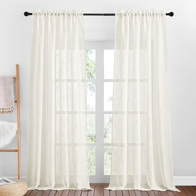 Obrázek produktu pro Závěsy sada 2 - V 240 x Š 132 cm - Polotransparentní - Vzhled lnu - Průchod pro tyč - 100% polyester - Dekorace oken