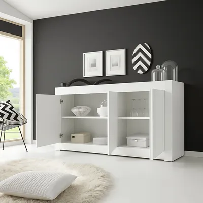 Image de Introbio - Buffet, 160x42x86h cm Blanc Brillant, 2 Étagères Fabriqué en Italie