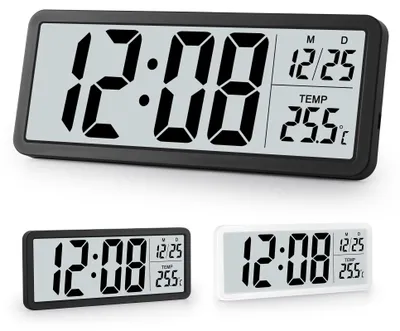Digitale Wandklok, große Ziffern, Temperatur, 12/24h, schwarz