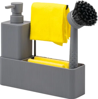 Zdjęcie produktu dla Organizer do zlewu eluno z powierzchnią Soft-Touch, dozownikiem mydła, półką, szczotką do zmywania i uchwytem na ściereczkę, szary