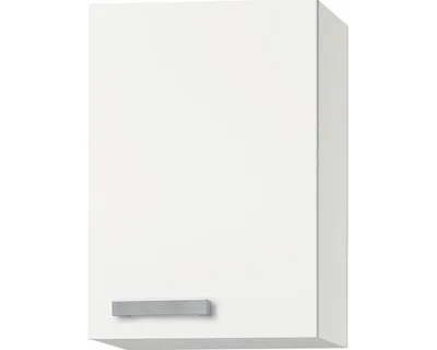 A white kitchen wall cabinet with a silver handle.