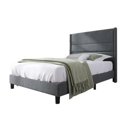 Produktbild von Polsterbett mit Kopfteil und Lattenrost, 90x200 cm, Einzelbett, Bezug aus Leinen, Jugendbett, Kinderbett, grau