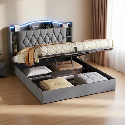 Produktbild von UnboxG Polsterbett 140x190 cm Grau mit LED & Stauraum, Samt Bett mit Hydraulischem Bettkasten, USB/Type-C & Kabelloses Laden, Doppelbett mit Kopfteil