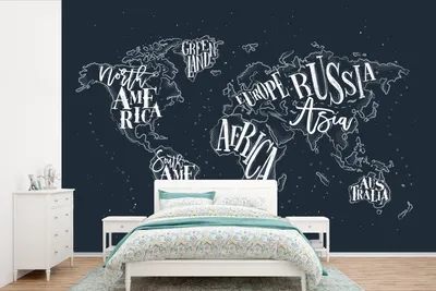 Produktbild von MuchoWow® Fototapete für Wohnzimmer oder Schlafzimmer Wandtapete Vinyl Motivtapete Weltkarte - Schwarz - Weiß - Buchstaben - 525x350 cm - Das Hintergrundbild