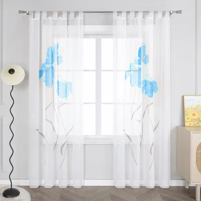 Produktbild von Joyswahl Vorhang mit Schlaufen Voile Modern Gardinen Fensterschals mit handgesprühten Blumen Transparent Schlafzimmer Wohnzimmer Blau HxB 225x150cm 1 Stück