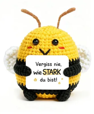 Produktbild von Gestrickte Biene Glücksbringer mit Aufmunterungskarte, handgefertigt aus Wolle und Baumwolle