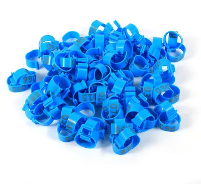 Obrázok produktu pre 100 ks/vrecko, 16 mm, 001–100, očíslované, plastové, pre hydinu, sliepky, kačice, husacie nohy, krúžky (modré)