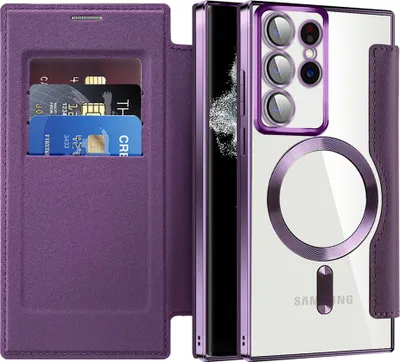 A phone case with a wallet and a magnetic ring for charging.