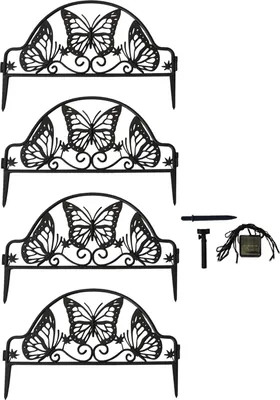 Four black metal garden borders with butterfly designs, along with some small accessories, are displayed against a white background.