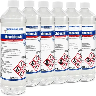 Produktbild von Ravensberger Chemie Waschbenzin Spezialreiniger – stark gegen Fett, Öl, Teer, Kleber, Farbe, Tinte & Wachs – ideal für Kunststoffoberflächen - 6 x 1 L