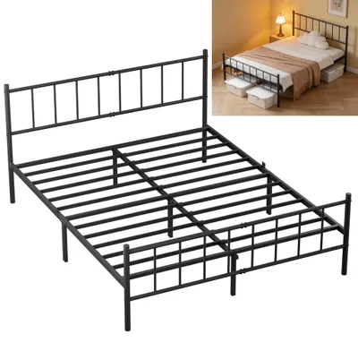 Obrázek produktu pro XINZI Kovová postel 140 x 200 cm, rám s lamelovým roštem, dvojlůžko s čelem a nožním dílem, vysoká nosnost, snadná montáž, úložný prostor, černá