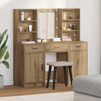 Image de Table de maquillage avec rangement – Finition chêne – Dimensions : 50 x 41 x 135 cm