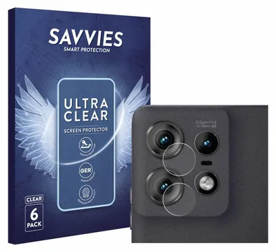 A product box for screen protectors is shown next to a close-up of a smartphone camera module with screen protectors applied.