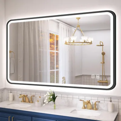 Immagine prodotto di Specchio da bagno illuminato, dimensioni 120x70 cm, colore nero, alluminio, con dimmer, antiappannamento, grado di protezione IP44