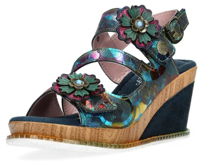 Produktbild von Laura Vita Damen Sandalette Leder mit Blumenmuster und Metallic Glanz Ballon 22, Größe:38 EU, Farbe:Blau