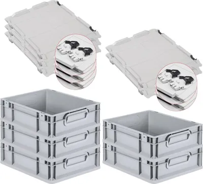 Produktbild von SuperSparSet 5x Eurobox NextGen Economy mit Scharnierdeckel und schwarzen Schiebeschnappverschlüssen | Griffe geschlossen | HxBxT 12x30x40cm | 11 Liter | Eurobehälter, Transportbox, Transportbehälter, Stapelbehälter