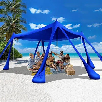 Produktbild von Strandzelt, UPF50+ Sonnenschutz, DIY Markise, verstellbare Aluminiumstangen, tragbares Campingzelt, windfest, Blau