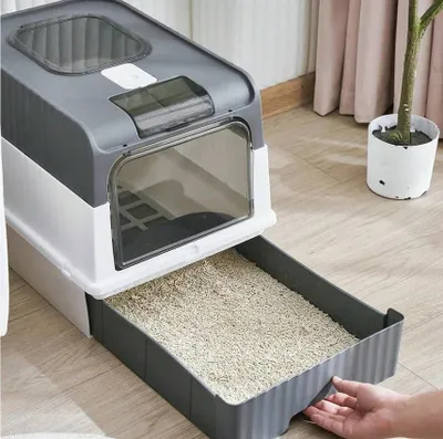 Immagine prodotto di Lettaia chiusa per gatti - XL - Vaschetta estraibile - Con paletta e porta sacchetti - Portata 8 kg - Plastica - Grigio