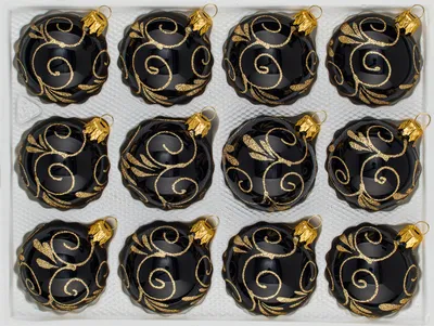 Produktbild von 12 tlg. Glas-Weihnachtskugeln Set in Hochglanz Schwarz Goldene Ornamente