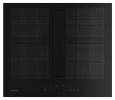 A top-down view of a black induction cooktop with an integrated ventilation system.