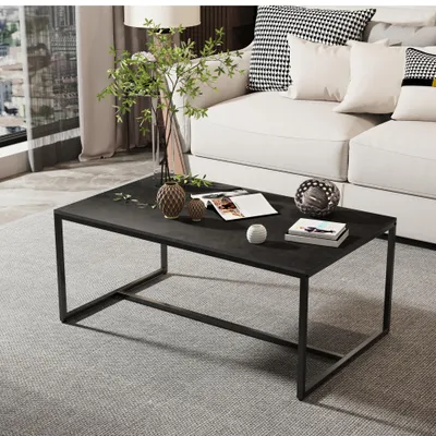 Image de FATIVO Table basse moderne aspect marbre 100×60×42 cm – Table rectangulaire scandinave pour salon, noire