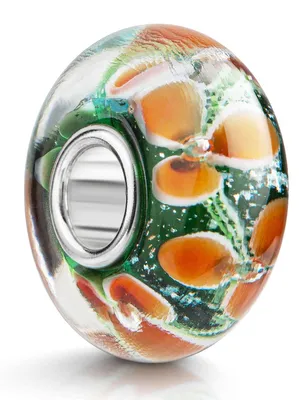 Produktbild von MATERIA by Matthias Wagner Glas Bead grün mit orangenen Blumen und Silber Hülse 1245