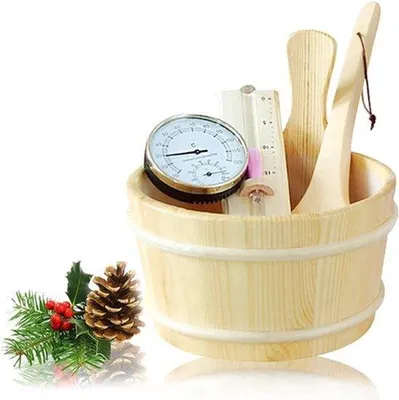 Produktbild von Sauna-Eimer, 4 Liter, 5-teiliges Sauna-Set. Das Set enthält einen Sauna-Eimer mit Messbecher aus hochwertigem finnischem Kiefernholz. Zubehör: Sauna-Eimer, Messbecher, Thermometer und Hygrometer