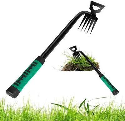 Produktbild von Ibenzoa® Unkrautstecher aus rostfreiem Manganstahl – 6 scharfe Zinken, ergonomischer rutschfester Gummigriff, polierte Antihaftfläche, 40 cm, 250 g