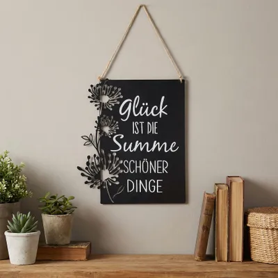 Produktbild von Wandbild Metall Glück Schwarz Weiß Spruch Blumen Wanddeko Metallschild Jute Metallbild Schild Wohndeko Blumendekor Floral