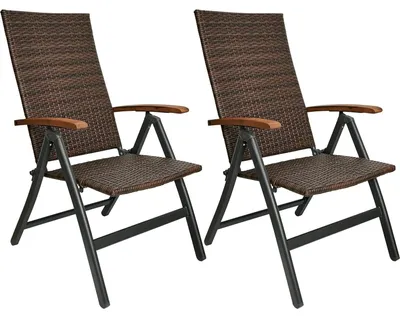 Immagine prodotto di Sedia da giardino - Set di 2 pieghevoli - Polyrattan - Schienale alto - 8 posizioni - Marrone e grigio