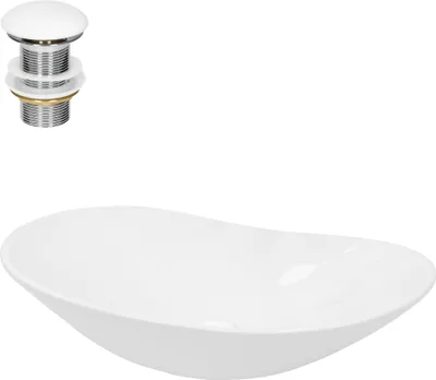 A white ceramic oval washbasin with a chrome and white pop-up drain assembly shown against a white background.