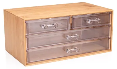 Produktbild von Touch of Beauty Aufbewahrungsbox 13.8 x 23.7 x 11 CM - 4 transparente Schubladen - Bambus/Kunststoff