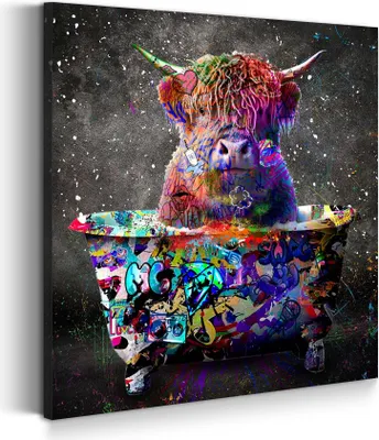 Produktbild von Leinwandbild Wandbild Stier in Badewanne Kunstdruck XXL Wanddeko: 60x60x2cm