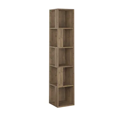 A tall, narrow bookshelf with multiple cubic compartments, shown against a white background.