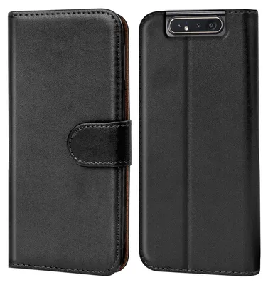 A black flip case for a smartphone, shown from the front and back.